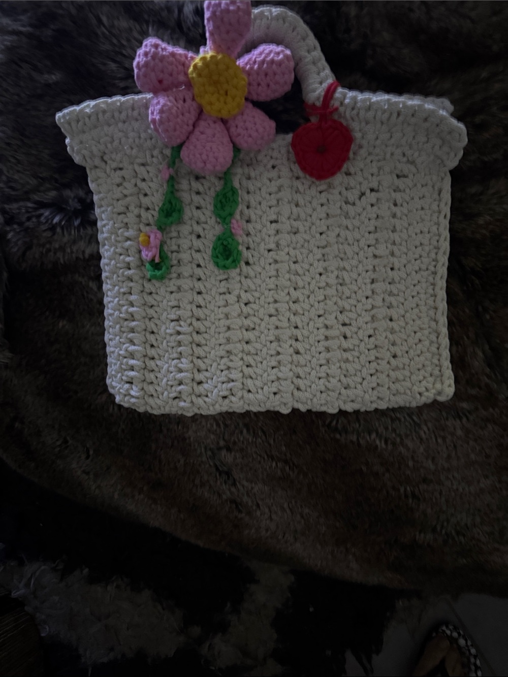 Handmade Cream Crochet Phone Bag with Pink Flower Accent